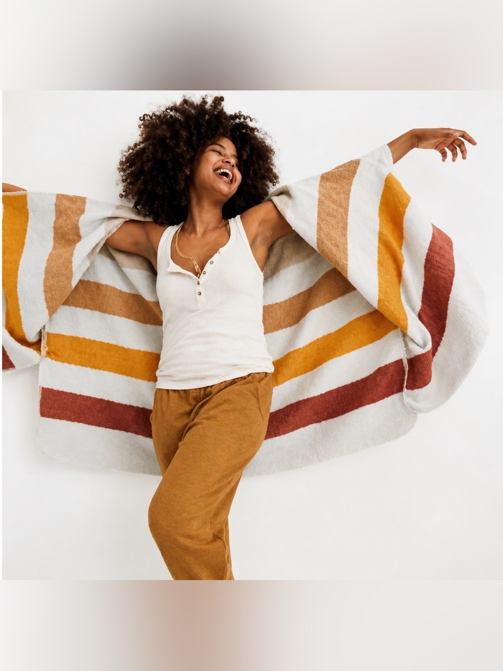 aerie Striped Cozy Poncho in Cream, Mustard & Rust